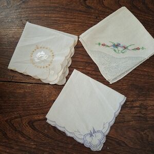 Cotton Linen Vintage Handkerchiefs Floral Embroidered 9 Inch Set of 3